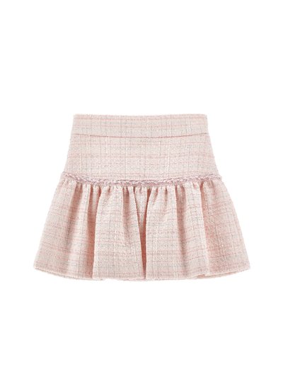 Roza mini krilo iz tvida s širokim volanom na spodnjem robu in prilagojenim pasom, teksturirano tkanino.