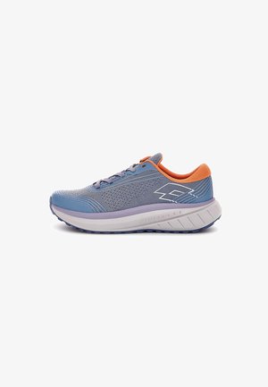 Lightweight running shoe in purple with orange accents, mesh upper for breathability, cushioned sole, and a sturdy rubber outsole.