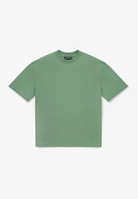 Krátký rukáv, tričko s kulatým výstřihem ve světle zelené barvě. Vyrobeno z texturované látky s jemným potiskem loga na hrudi. Rovný střih.