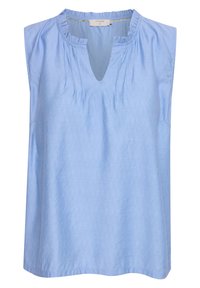 Light blue sleeveless blouse with a pleated neckline, a V-shaped opening, and a relaxed fit. Made of soft, textured fabric.