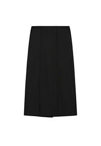 Black pencil skirt with a smooth texture, featuring three vertical seams and a straight cut, designed for a tailored fit.