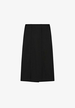 Black pencil skirt with a smooth texture, featuring three vertical seams and a straight cut, designed for a tailored fit.