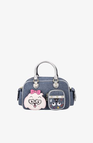 Blue denim handbag with silver handles, featuring a pink dog face with heart-shaped glasses and a small front pocket decorated with eyes and playful patches.