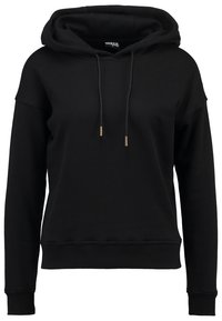 Felpa nera con grande tasca frontale, cordini con punte metalliche e polsini e orlo a coste. Realizzata in morbido tessuto testurizzato.