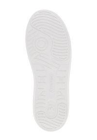 Semelle de chaussure en caoutchouc blanc présentant des rainures incurvées, des motifs circulaires et un logo imprimé. Le design est plat avec des détails texturés pour une meilleure adhérence.