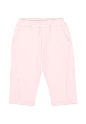 Short rosa chiaro di lunghezza media con vita elasticizzata, tasche laterali e logo del brand ricamato in bianco sulla coscia destra.