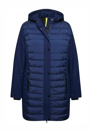 Cappotto imbottito blu navy con cappuccio, dotato di zip frontale, bottoni a pressione e due tasche laterali con zip. Tessuto liscio e design leggero.