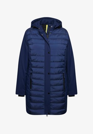 Cappotto imbottito blu navy con cappuccio, dotato di zip frontale, bottoni a pressione e due tasche laterali con zip. Tessuto liscio e design leggero.