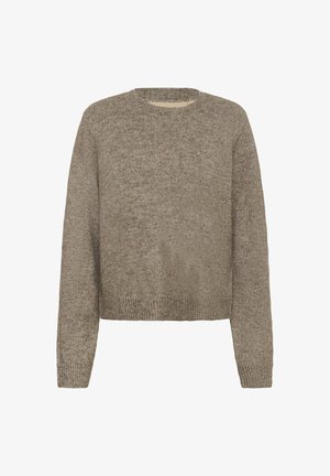 Skraćeni džemper u prigušenoj bež boji, napravljen od teksturirane pletene tkanine. Ima okrugli izrez i rebraste rubove na donjem dijelu i rukavima.