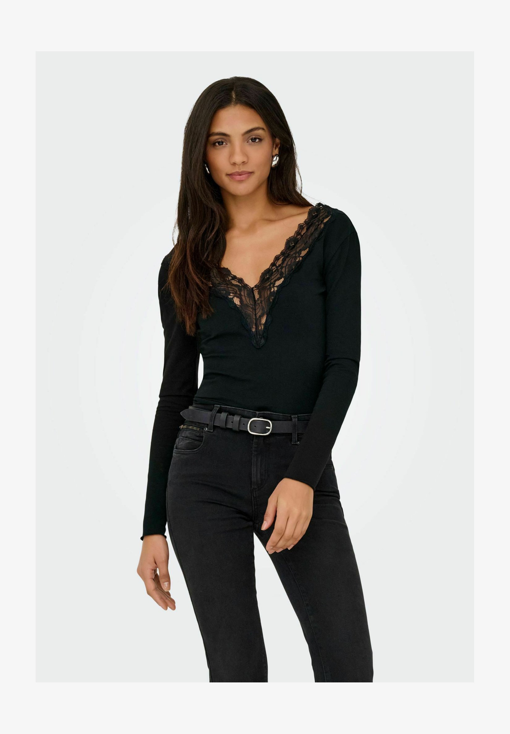 Crewhpo Maglietta A Manica Lunga Donna Con Scollo A V In Pizzo | Top Elasticizzato Slim Fit In Viscosa | Tinta Unita Basic S-XXL
