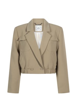 Beige Blazer, tailliert mit Reverskragen, zwei aufgesetzten Taschen vorne und gerafftem Saum, mit doppelter Knopfverschluss.