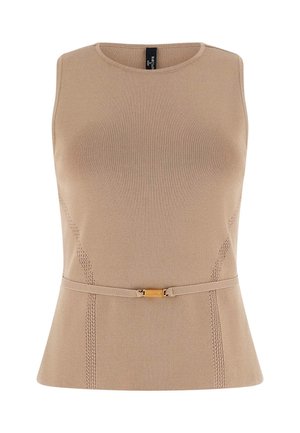 Sleeveless beige knitted top with round neckline, subtle textured side panels, and a thin matching belt with gold buckle at the waist.