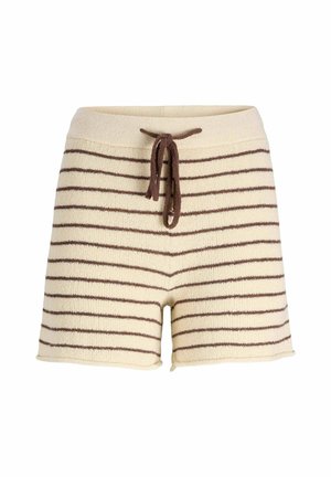 Shorts en tricot crème avec des rayures horizontales marron foncé, dotés d'une taille élastique et d'un cordon de serrage pour un ajustement, texture douce.