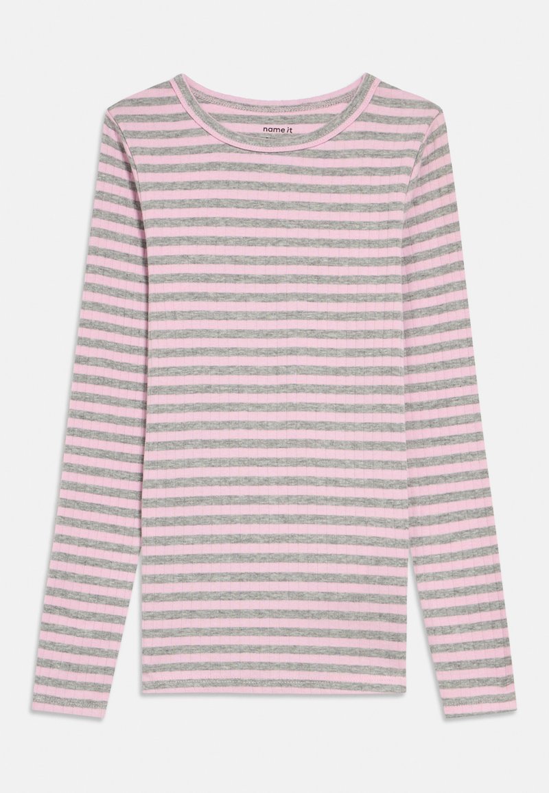 Langermet skjorte laget av mykt stoff, med horisontale striper i rosa og grått. Rund hals og ribbet tekstur.
