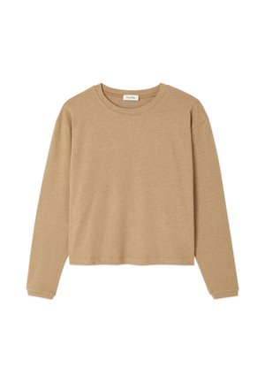 Lichtbruine cropped sweatshirt met lange mouwen, ronde hals en eenvoudige naaddetails, weergegeven op een witte achtergrond.