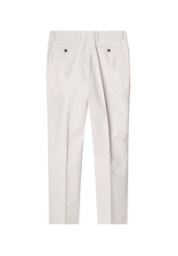 Licht beige op maat gemaakte broeken met een streepjespatroon, met een vlakke voorkant, rechte pijpen en twee achterzakken met bruine knopen.