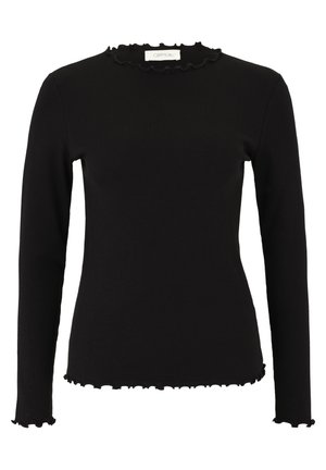 Top a maniche lunghe nera in maglia a coste con scollatura rotonda e orlo scallop, caratterizzato da una silhouette aderente e un tessuto morbido e elasticizzato.