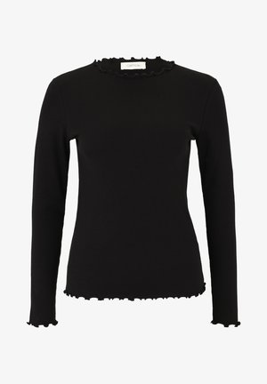 Black long-sleeve ribbed top featuring a scalloped round neckline and hem, with a fitted silhouette and soft, stretchy fabric.