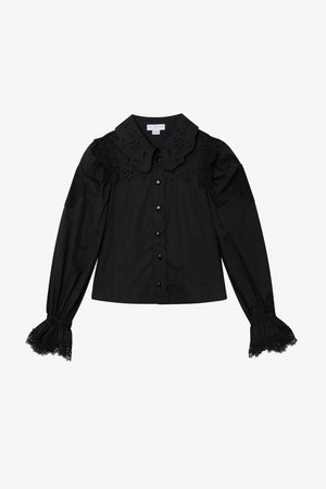 Must mustre shirt, mille pikkade varrukatega, millel on suur laineline krae, lilledega pitsaktsentid ja koondunud mansetid pitsi ääristusega. Nupud ees.