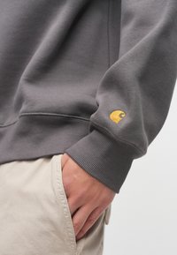 Gray sweatshirt with ribbed cuffs, featuring a small orange logo on the sleeve. The fabric appears soft, with an unobtrusive design.