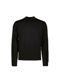 Zwarte ritscardigan met een geribbelde onderrand en manchetten, voorzien van een staande kraag en een gladde textuur.