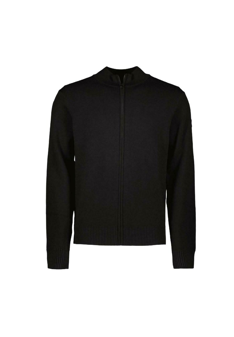 Zwarte ritscardigan met een geribbelde onderrand en manchetten, voorzien van een staande kraag en een gladde textuur.