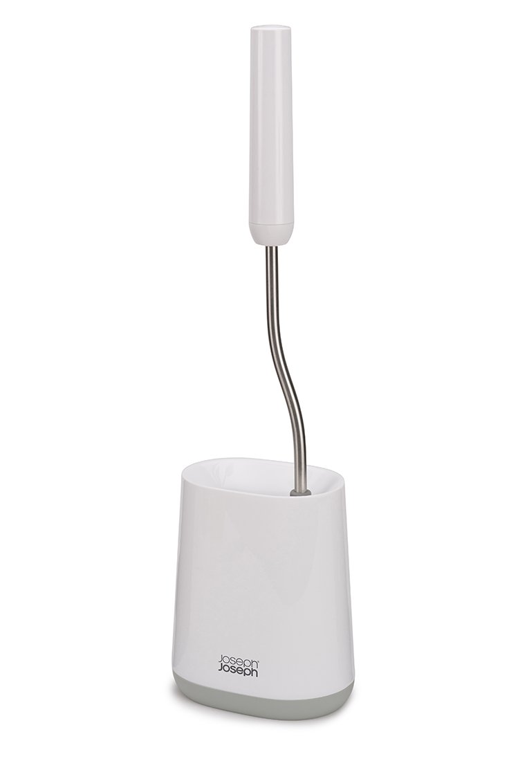 Toiletborstel met een witte plastic houder en een handvat van roestvrij staal. De houder heeft een licht gebogen vorm en een grijze basis.