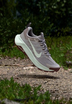 Scarpa da trail running Nike grigia con swoosh bianco, intersuola e suola marrone, sospesa sopra un sentiero ghiaioso con vegetazione sullo sfondo.
