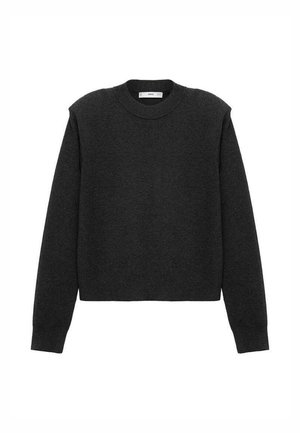 Pull en gris foncé, court, avec des manches longues, un col rond et une finition texturée. Design simple sans motifs ni embellissements.