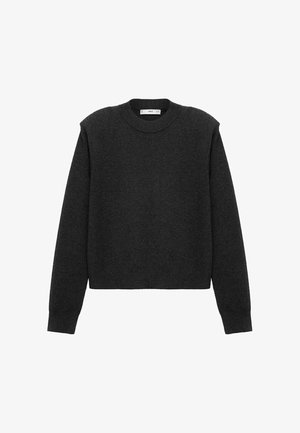 Dark gray, cropped sweater with long sleeves, a rounded neckline, and a textured finish. Simple design without patterns or embellishments.