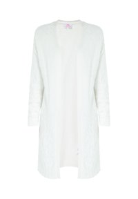 Langer, offener Cardigan aus weichem weißen Stoff, mit strukturiertem Oberflächen und Dreiviertelärmeln, geradem Saum und ohne Verschlüsse.