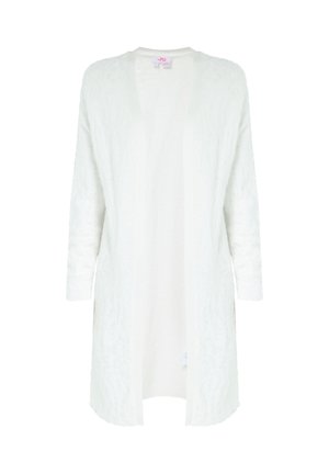 Langer, offener Cardigan aus weichem weißen Stoff, mit strukturiertem Oberflächen und Dreiviertelärmeln, geradem Saum und ohne Verschlüsse.
