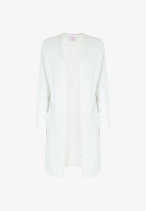 Hosszú, nyitott elülső kardigán puha fehér anyagból, textúrázott felülettel és háromnegyed hosszúságú ujjal, egyenes szegéllyel és rögzítések nélkül.