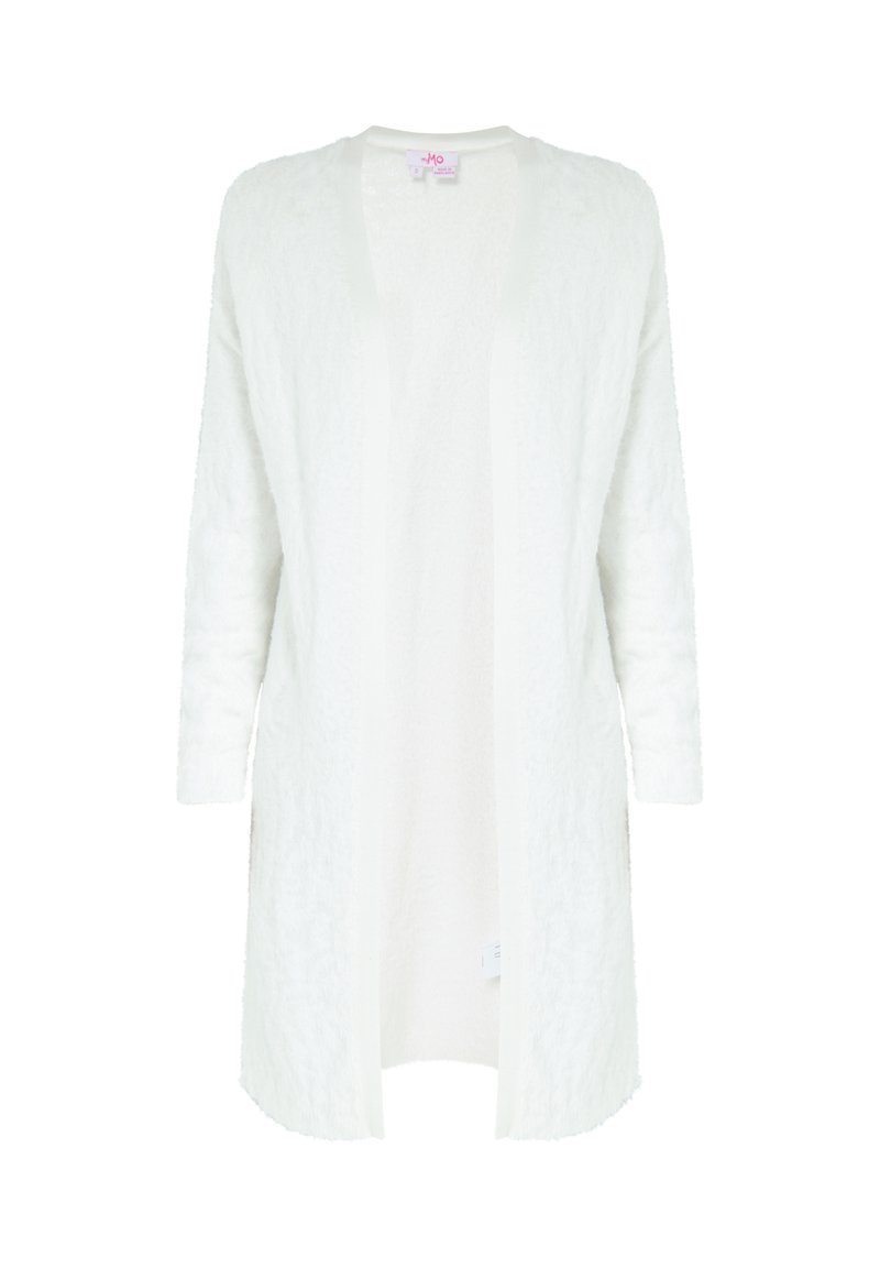 Langer, offener Cardigan aus weichem weißen Stoff, mit strukturiertem Oberflächen und Dreiviertelärmeln, geradem Saum und ohne Verschlüsse.