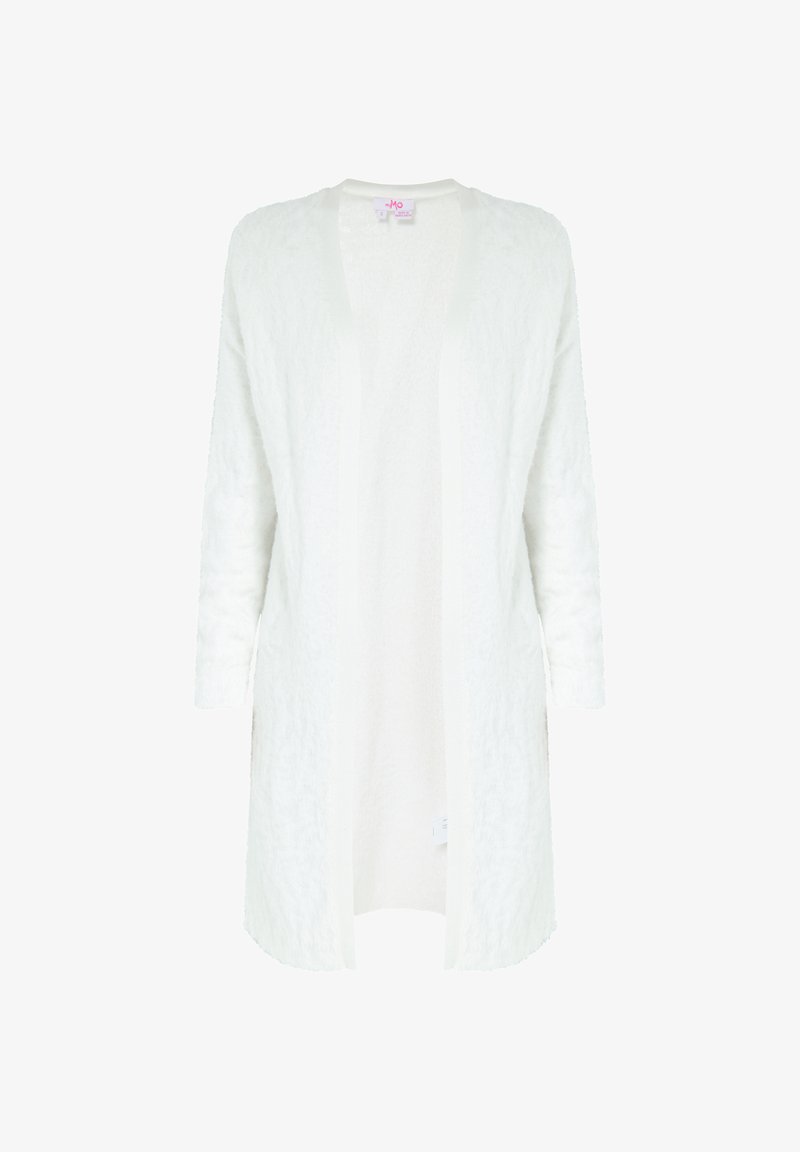 Dlouhý kardigan s otevřeným předním dílem z jemné bílé tkaniny, který má texturovaný povrch a tříčtvrteční rukávy, rovný lem a bez zapínání.