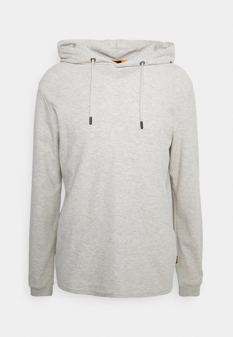 Sweat à capuche gris clair à manches longues avec cordons ajustables et coupe décontractée, présenté sur fond blanc.