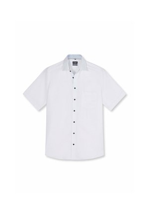 Camicia bianca a maniche corte con bottoni neri, taschino frontale e colletto interno con motivo.