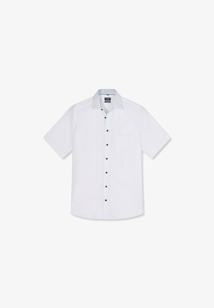 Weißes Kurzarm-Hemd mit schwarzen Knöpfen, einer Brusttasche vorne und einem gemusterten Innenkragen.