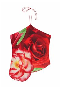 Blommig topp med stora röda rosor och gröna blad på lättviktig tyg. Designad med knytkrage och asymmetrisk nederkant.