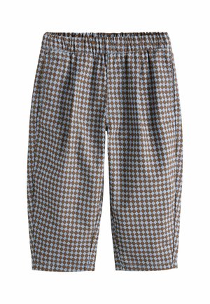 Lockere Shorts mit elastischem Bund, mit braunem und hellblauem Rautenmuster.