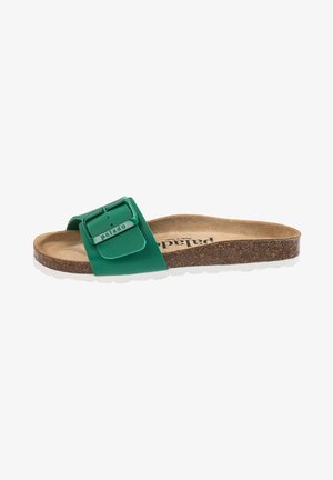 Sandale verte à glissière avec une grande boucle ajustable, semelle intérieure en liège et semelle en caoutchouc. Dessus en synthétique lisse et semelle intérieure rembourrée pour un confort optimal.