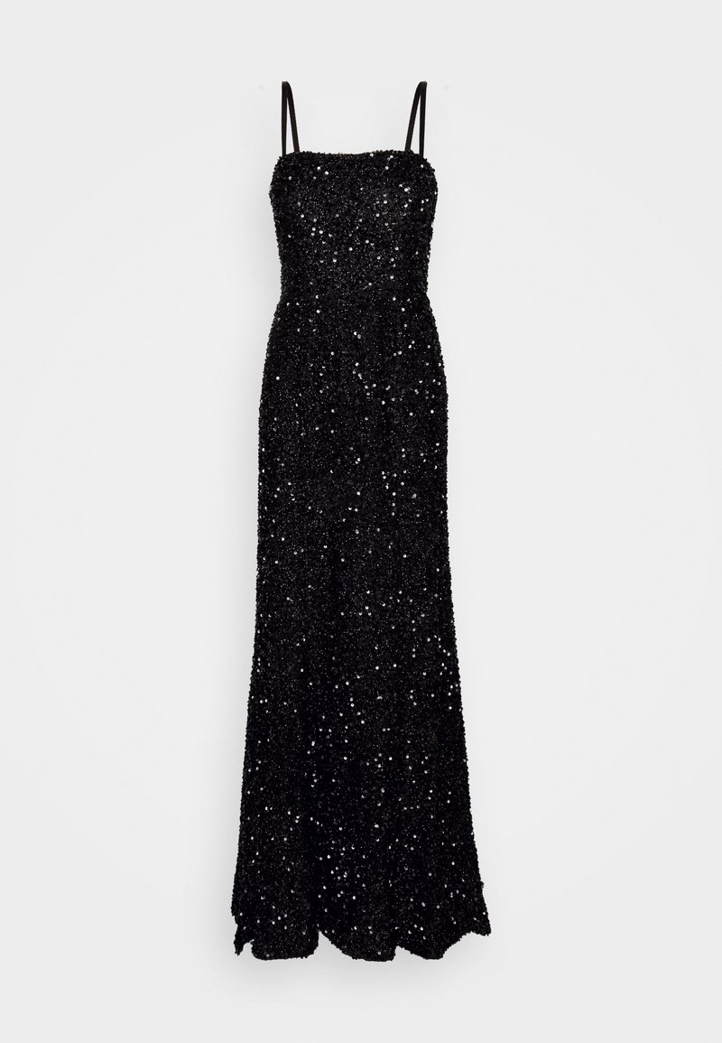Lungo vestito da sera nero con spalline sottili, decorato con paillettes. Tessuto liscio, corpino aderente e dettaglio a fondo svasato.