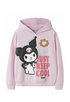 Light pink hoodie with cartoon character wearing a black hat, gold heart speech bubble, and text "good vibes JUST KEEP COOL KURONI" on front.
