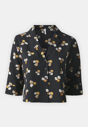 Black short-sleeve shirt with a floral pattern in yellow, white, and orange. Features a collar and button closure. Made of lightweight fabric.