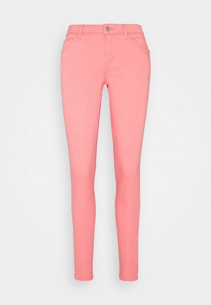 Jeans skinny en mélange de coton rose avec une coupe ajustée, design classique à cinq poches, braguette zippée et fermeture à bouton en métal.