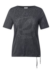 Gray cotton t-shirt with short sleeves, featuring a leaf pattern, text in silver, and adjustable drawstring at the hem for fit.