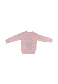Pink knit sweater featuring long sleeves, a ribbed neckline, and a textured finish with a fitted bottom hem. Rear view displayed.