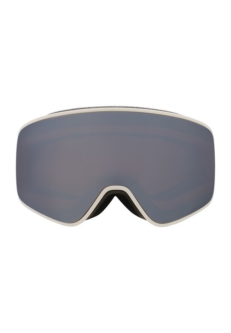 Lunettes de ski avec un grand design courbé ; verres teintés miroir foncé ; cadre blanc ; doublure en mousse noire douce ; matériel minimal ; forme aérodynamique élégante.