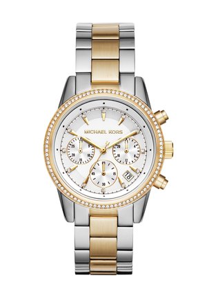 Michael Kors zweifarbige Gold- und Silberuhr mit Kristalllünette, weißem Zifferblatt, drei Hilfszifferblättern, Datumsfenster sowie goldfarbenen Stundenmarkierungen und Zeigern.
