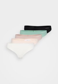 Calvin Klein kvinnotrosor set, som inkluderar sex par i svart, mintgrön, ljusrosa, vit och beige; tillverkade av mjukt, elastiskt tyg med logodetaljer.